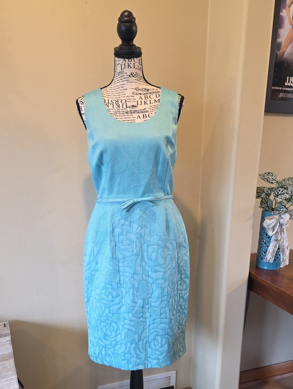 Taylor 8 Turquoise Sleeveless Floral Textured Sheath Dress Blue Church Office